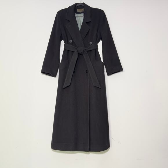KRISTEN BLAKE Wool Vintage Long Black Belted Coat Jacket Size 12 - Picture 1 of 5